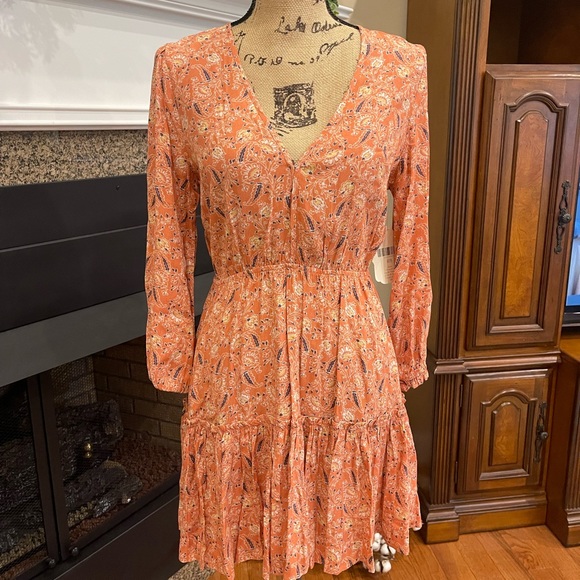 Altar’d State Kira Burnt Orange Peach Floral Boho Dress NWT Small - Picture 1 of 6